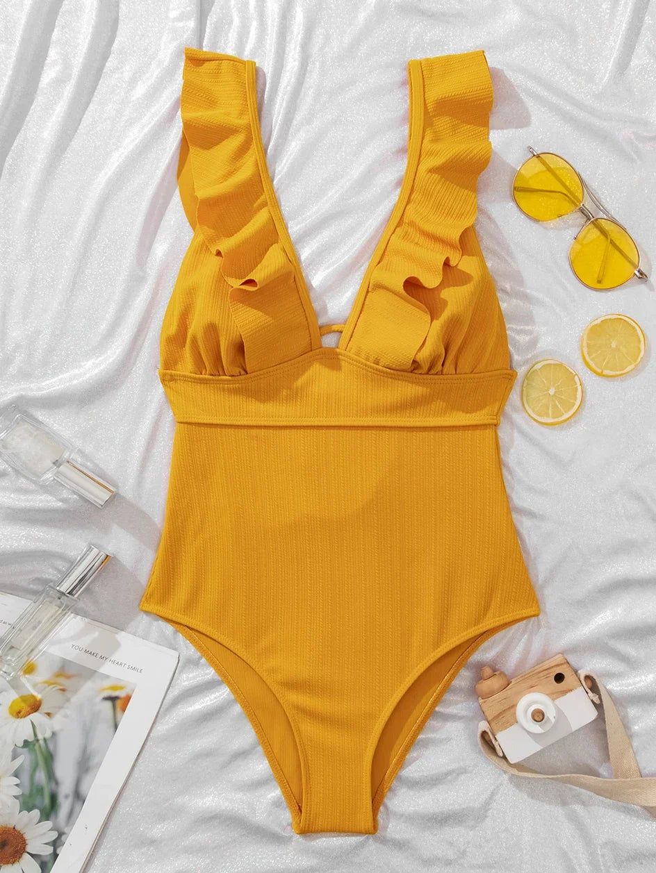 Sexy Ruffle Swimwear Women`s 2025 Deep V One Piece Swimsuit Female Bathing Suit Woman Bodysuit Swimming for Beach Wear Monokini
