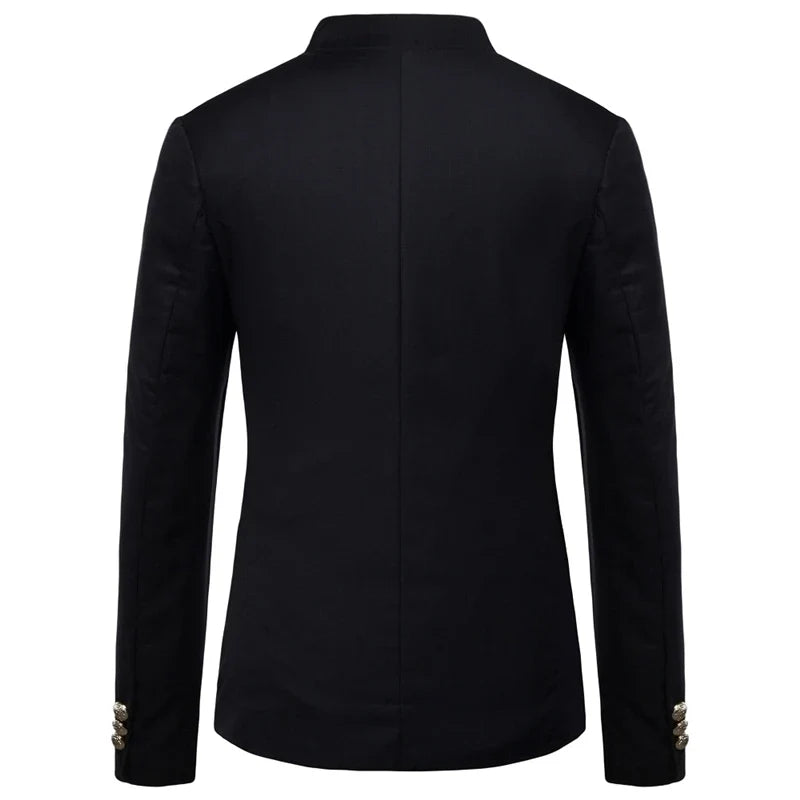 Men's Black Stand Up Collar Blazer Coat, Wedding Party Dress Jacket, Asia Sizes Slim-Fit Single Breasted Jaqueta, Blue Red Tops.