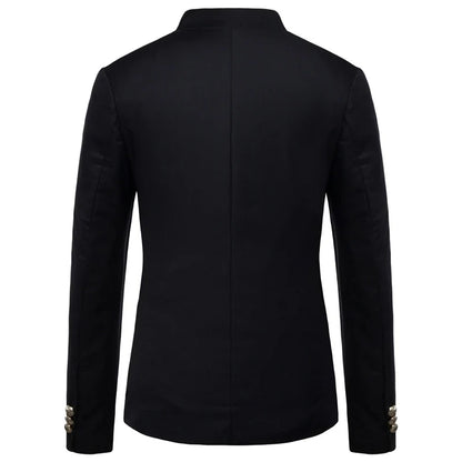 Men's Black Stand Up Collar Blazer Coat, Wedding Party Dress Jacket, Asia Sizes Slim-Fit Single Breasted Jaqueta, Blue Red Tops.