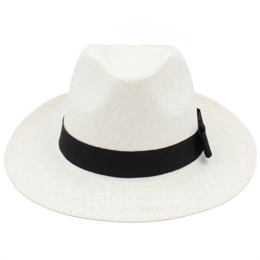Men Women Straw Panama Hats Summer Fedora Sunhats Bowtie Band Party Trilby Caps Outdoor Sombrero Travel Size US 7 1/4 UK L