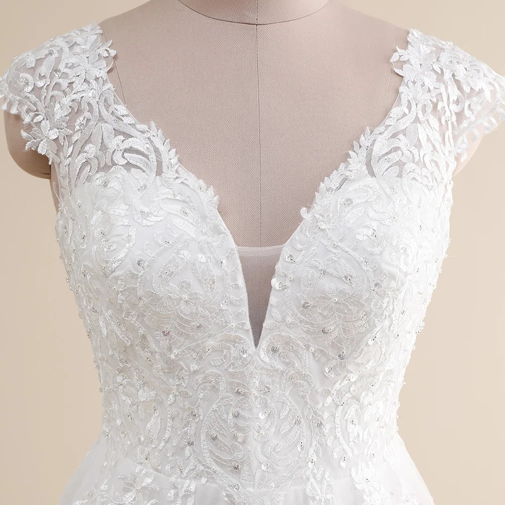 Amazing Wedding Dress Plus Size Customized V neck Cap Sleeve A Line Gowns Tulle Lace Applique Robe De Mariee Bridal Gown