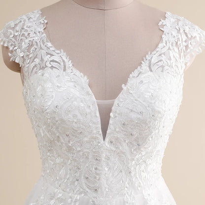 Amazing Wedding Dress Plus Size Customized V neck Cap Sleeve A Line Gowns Tulle Lace Applique Robe De Mariee Bridal Gown