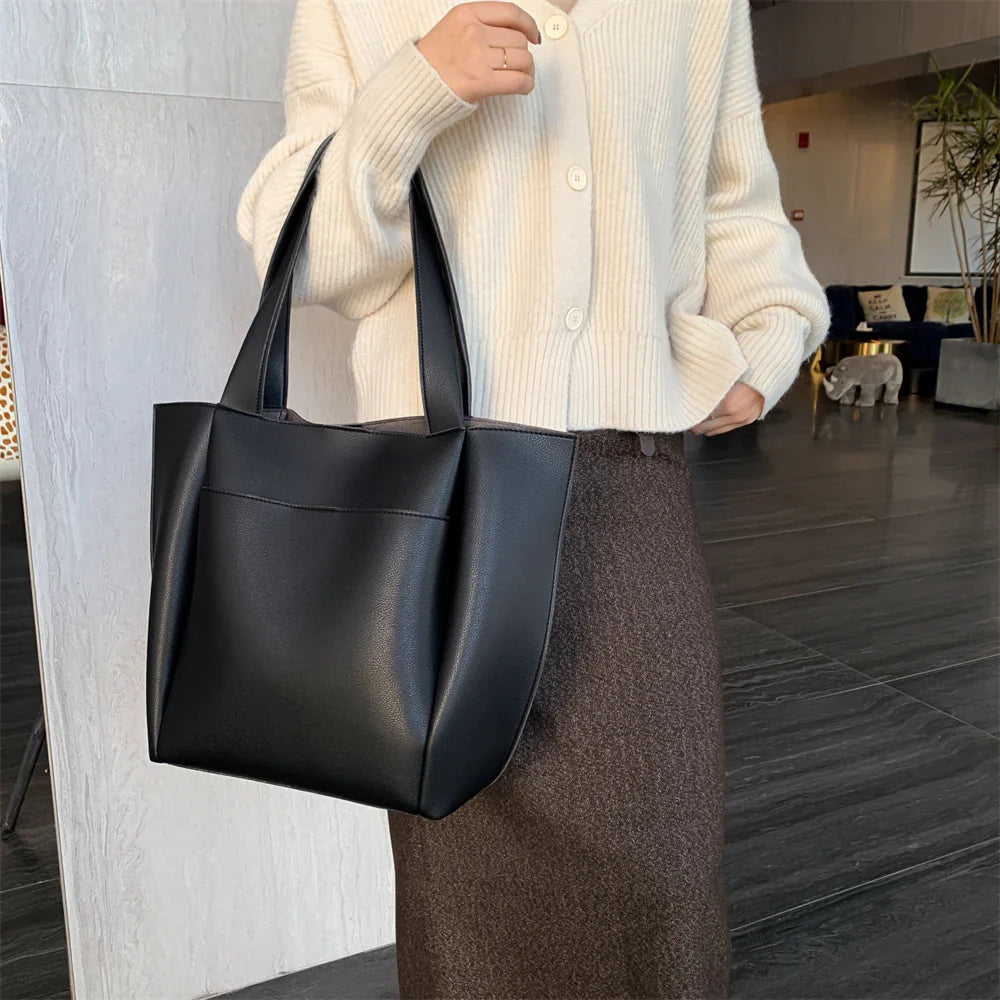 High Quality Soft Leather Woman Casual Tote Shopper Solid Color Handbags Large Capacity Single Shoulder Bag with Outer Pocket