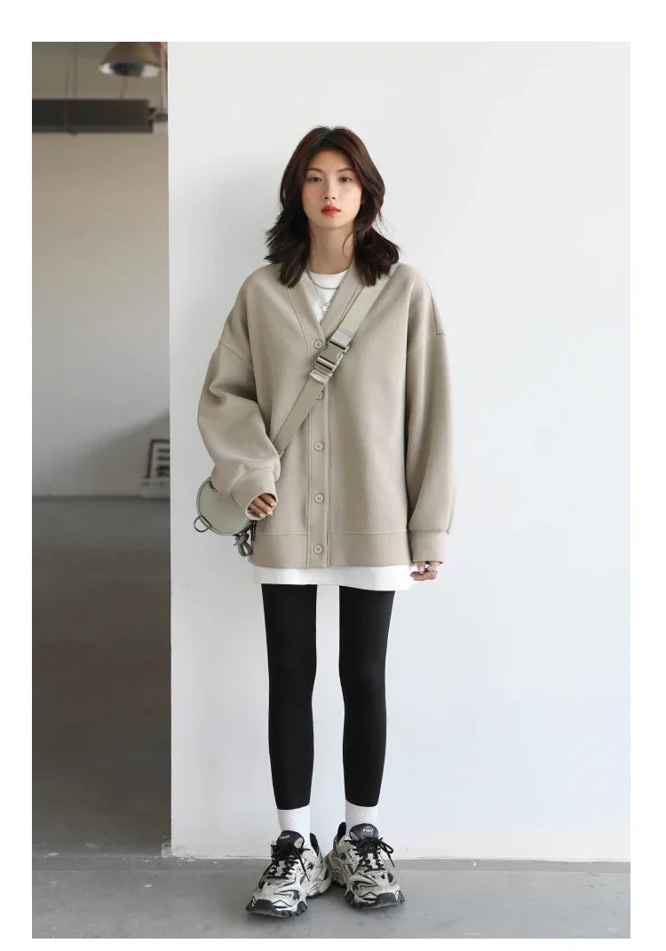Korean Autumn Winter Women's Sports Coat Casual Loose V-neck Sweatshirt for Women Thick Warm Tops Office Lady Female