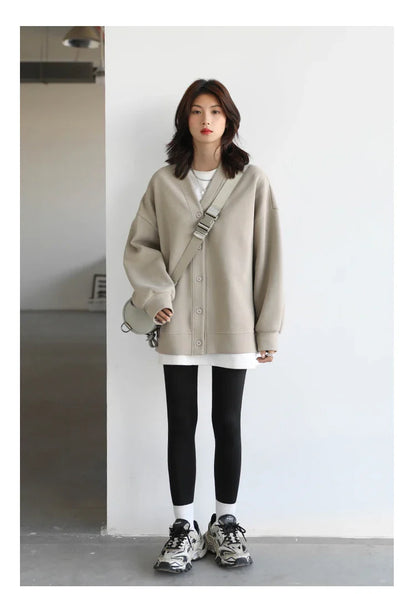 Korean Autumn Winter Women's Sports Coat Casual Loose V-neck Sweatshirt for Women Thick Warm Tops Office Lady Female