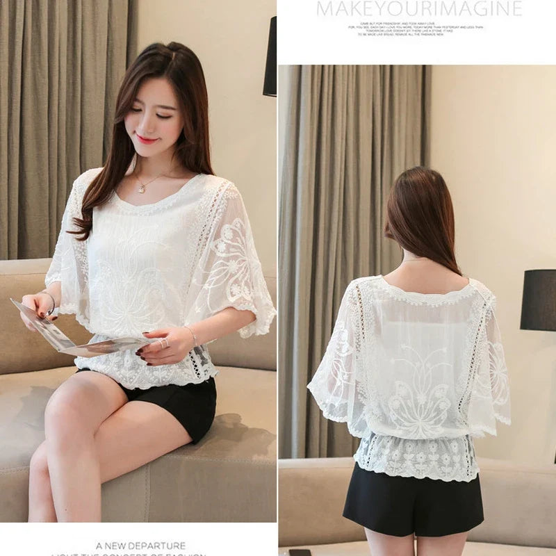 Summer Loose Lace Blouse Women 2025 Butterfly Sleeve Chiffon Shirt Woman Fashion Casual Floral White Shirt Tops Blusas 4073