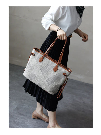 Women's Fashion Shoulder Bag Luxury Designer Handbag Large Capacity Canvas With Genuine Leather Tote For Shopping,Commuting,Work