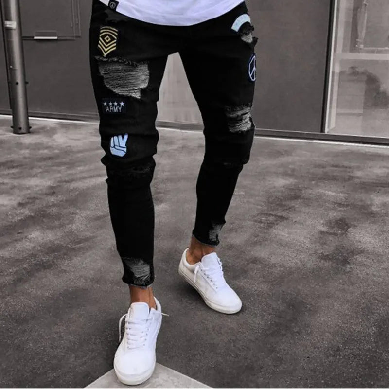 Men Stretchy Ripped Skinny Biker Embroidery Cartoon Print Jeans Destroyed Hole Slim Fit Denim High Quality Hip Hop Black Jeans