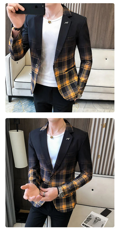 2022 Spring New Colorblock Plaid Blazer Men Slim Casual Man Blazers Wedding Business Party Clothing Dress Coat Blazer M-3XL