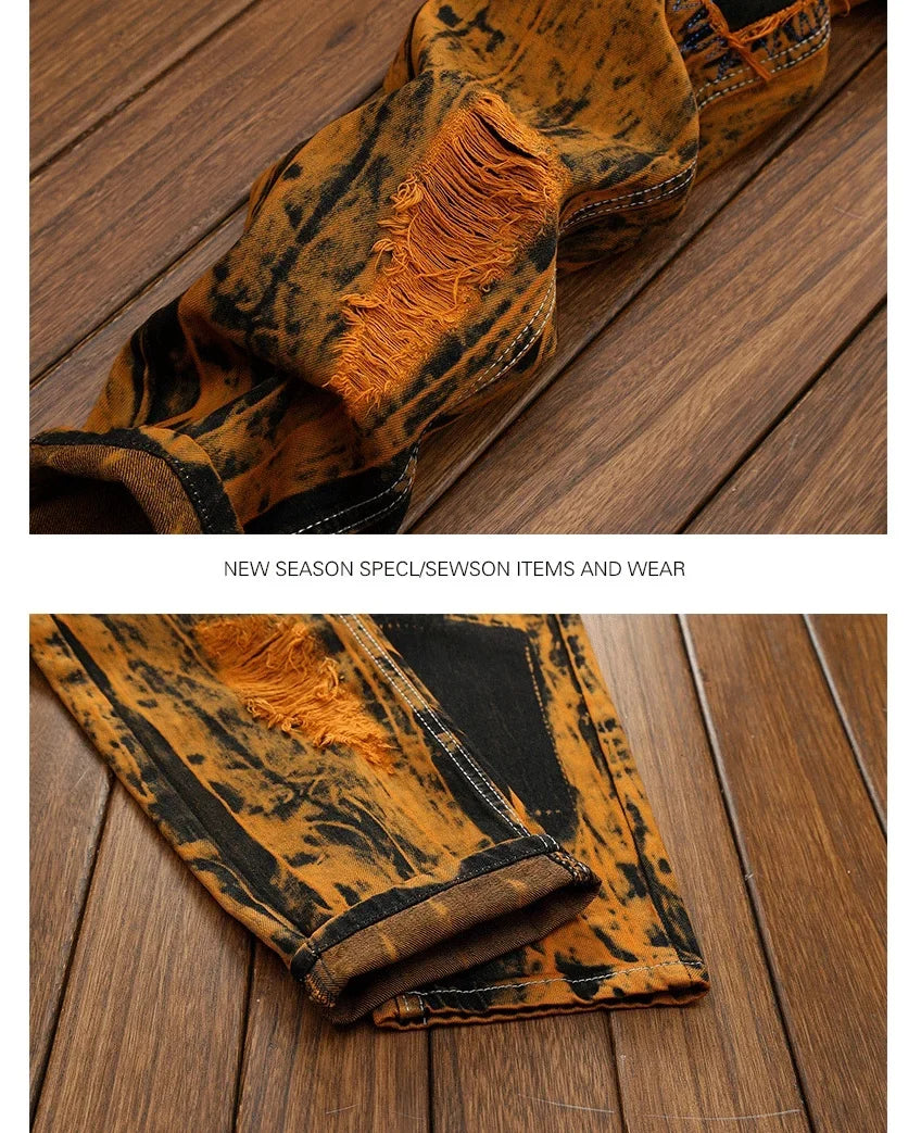 3D Black Patch Brown Jeans Men's High Street Pure Cotton Frayed Hole Fishing Net Decoration Elastic Comfortable Pants New