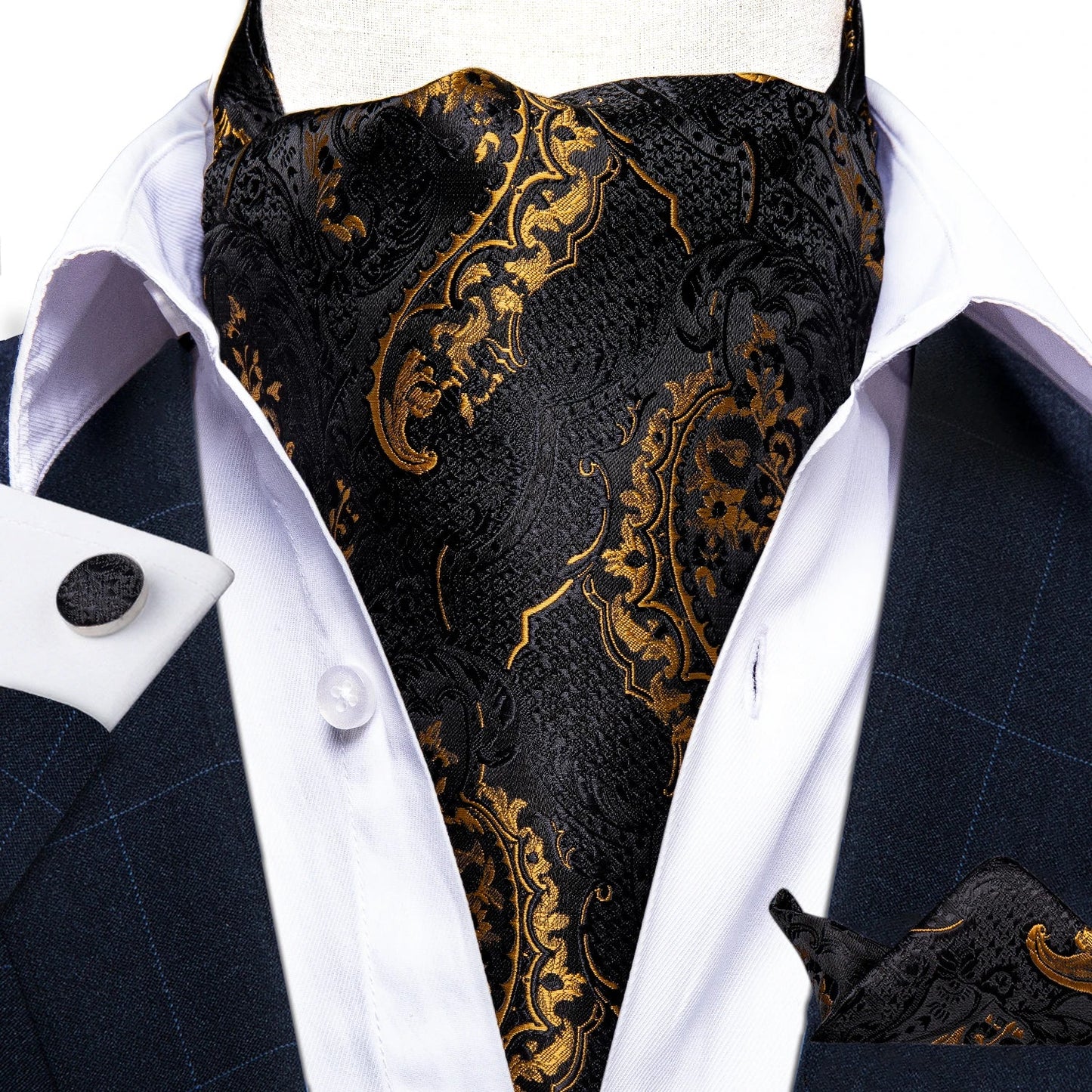 Men Gold Paisley Waistcoat Ascot Tie Pocket Square Necktie Ring Set Wedding Formal Dress Vests Sleeveless Jacket