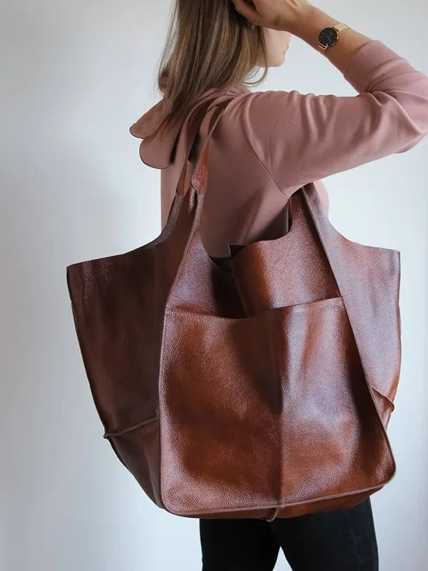 Casual Soft Large Capacity Tote Women Handbags Designer Aged Metal Look Luxury Pu Leather Shoulder Bag Retro Big Shopper Purses