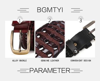 Men Genuine Leather Braided Belts Webbing High Quality Hand Vintage Belts for Men Gold Pin Buckle Casual for Jeans Strap HQ212