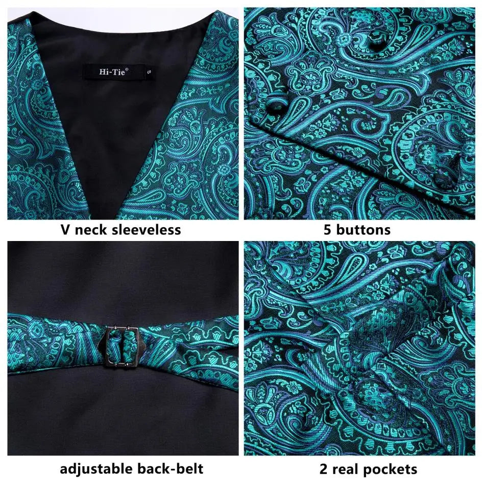 Navy Blue Mens Vest Formal Paisley Waistcoat Jacket Tie Handkerchief Cufflinks Set For Male Dress Suit Wedding Party