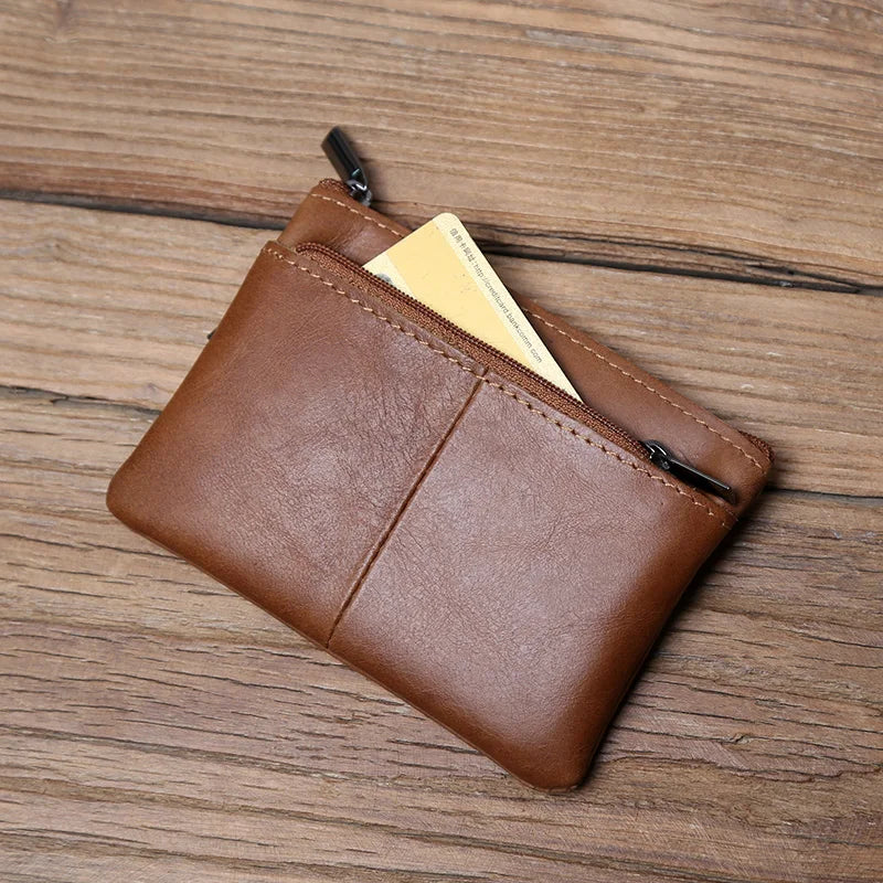 Men's Leather Zipper Coin Wallet First Layer Cowhide Mini Short Wallet Handbag Change Wallet