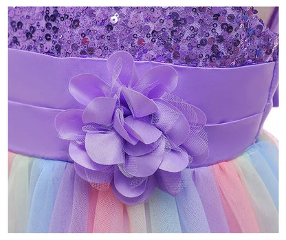 2026 Sequins Girls Dress Summer Flower Fashion Rainbow Mesh Little Princess Dresses For Piano Performance Costume Kids Clothes