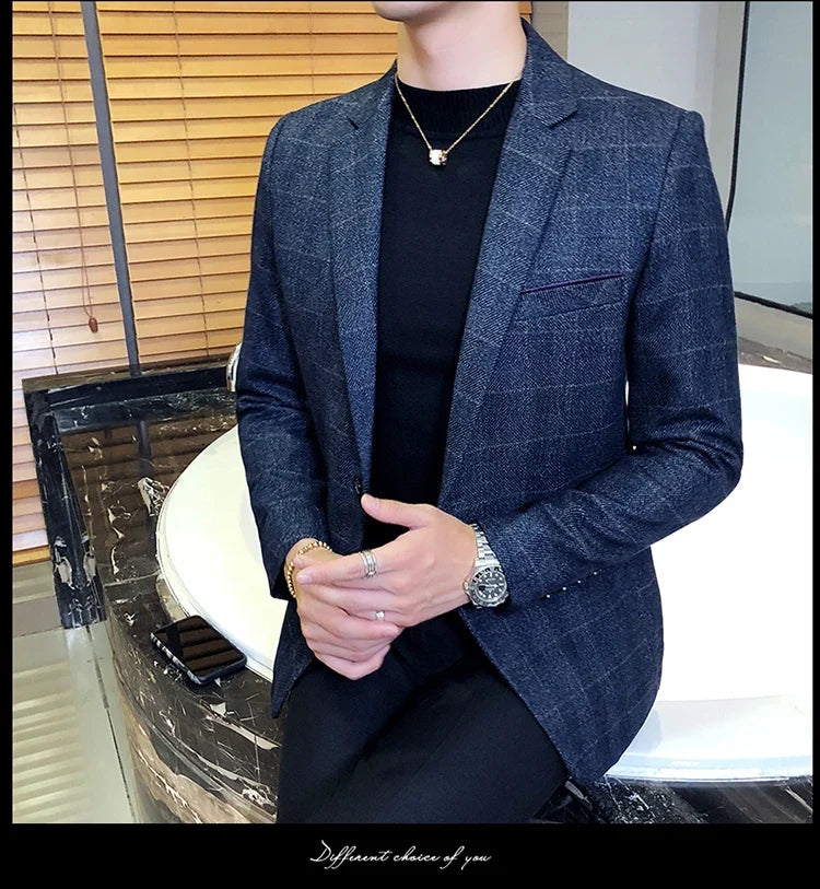 British's Style Vintage Plaid Blazer Men Casual Slim Fit Suit Jacket Single Button Business Social Blazer Plus Size M-5XL Hombre