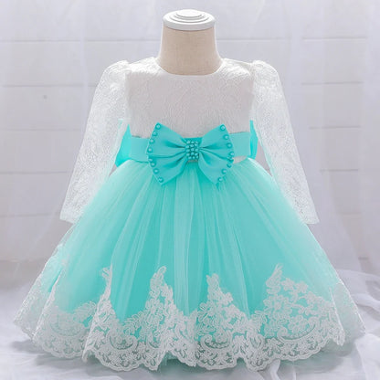 Long Sleeve Baby Girls Dress Newborn White Baptism Tulle Party Wedding 1st Birthday Princess Dresses Infant Girls Bow Prom Gown