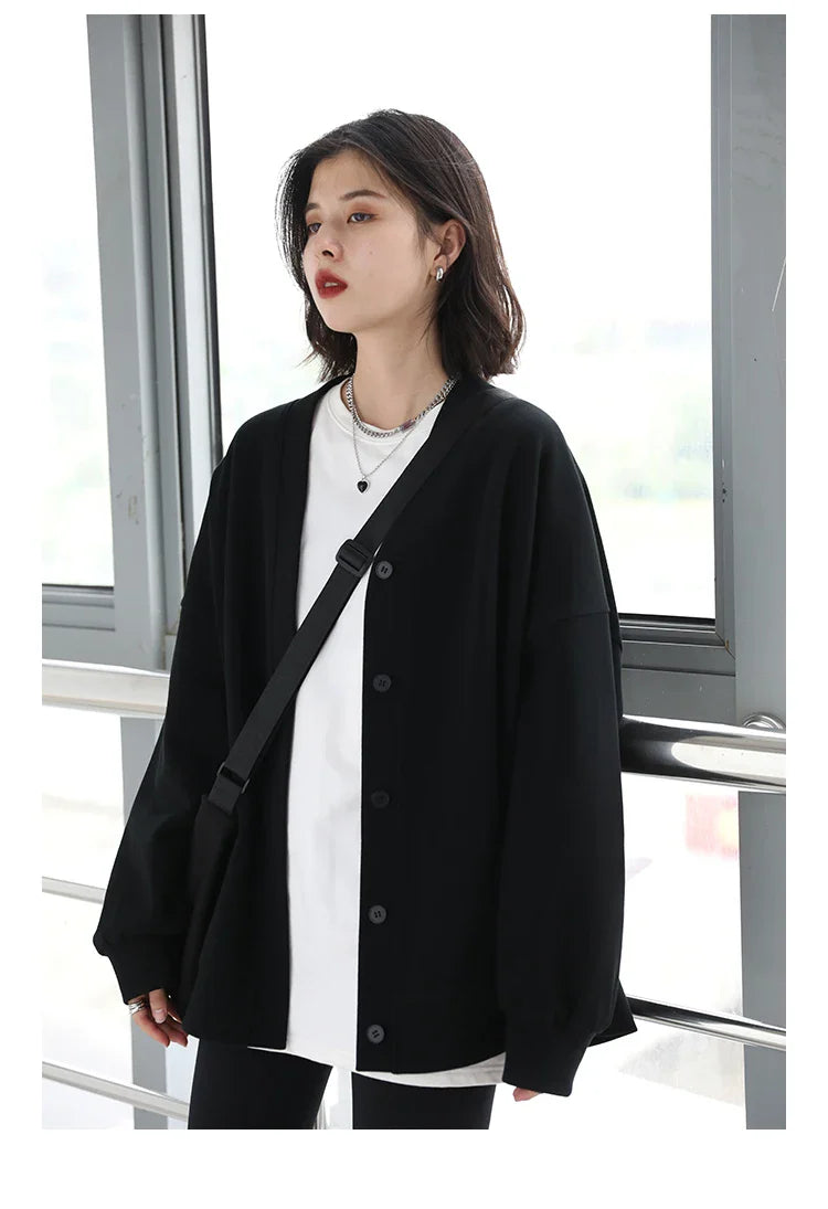 Korean Autumn Winter Women's Sports Coat Casual Loose V-neck Sweatshirt for Women Thick Warm Tops Office Lady Female