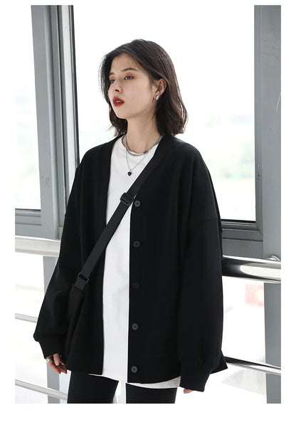 Korean Autumn Winter Women's Sports Coat Casual Loose V-neck Sweatshirt for Women Thick Warm Tops Office Lady Female