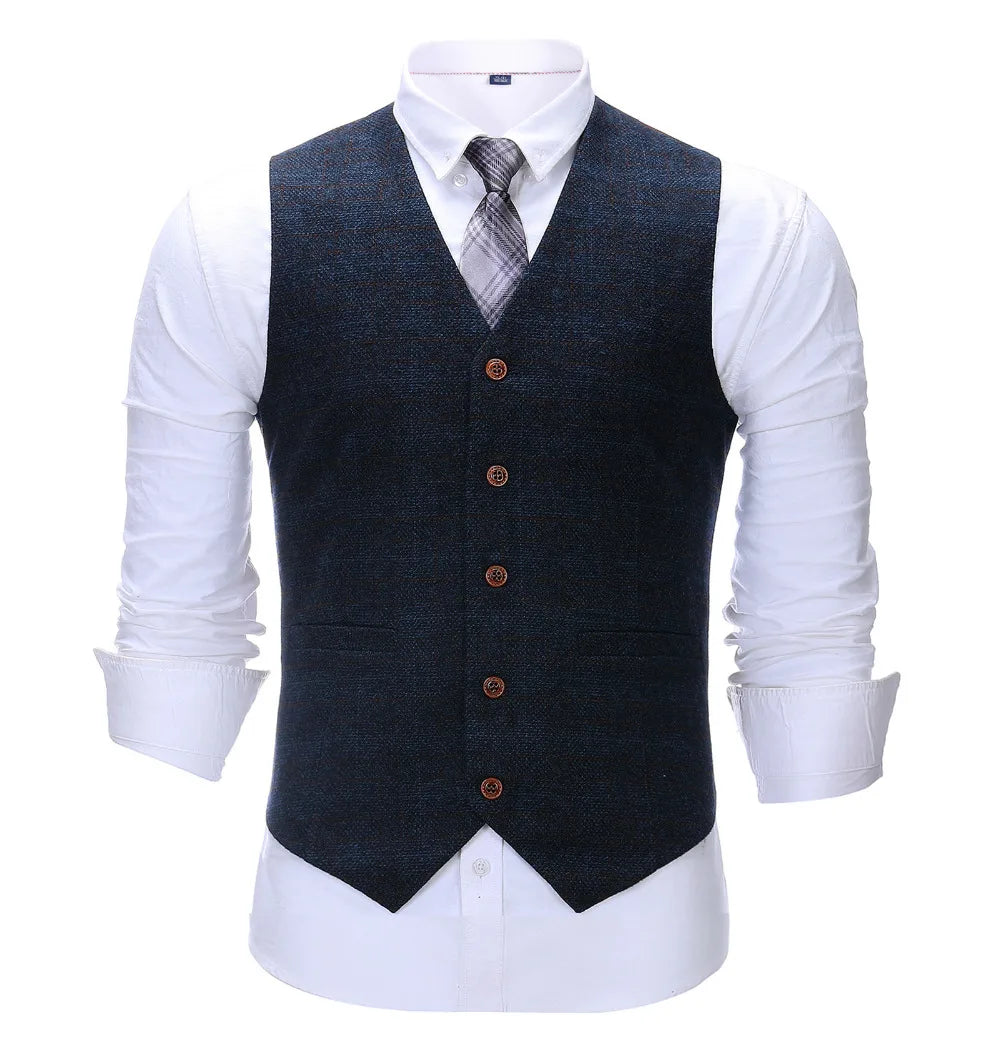 Men's Vintage Plaid Suit Vest Tweed Wool Waistcoat for Groomsmen for Wedding