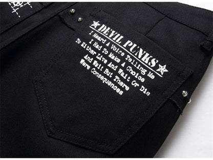 Men's Scotland Red Plaid Tartan Patchwork Jeans Punk Rivet Patch Black Denim Pants Skull Letters Printed Slim Straight Trousers