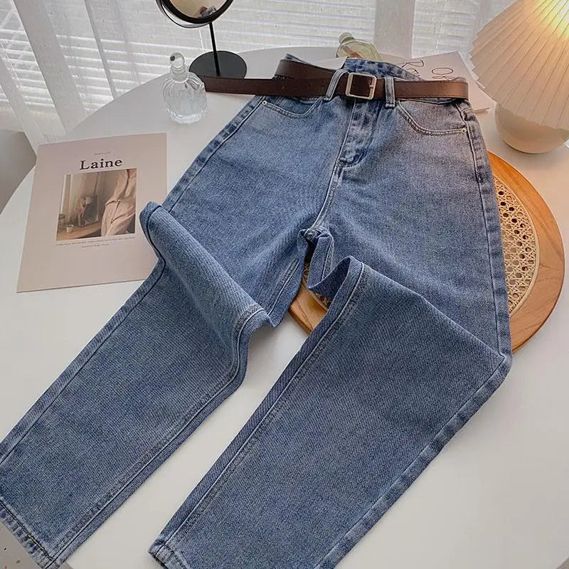 Straight Jeans Women with Belt Vintage Basic Blue Ankle-length Denim Pants Boyfriend Gray Jeans Korean 2021