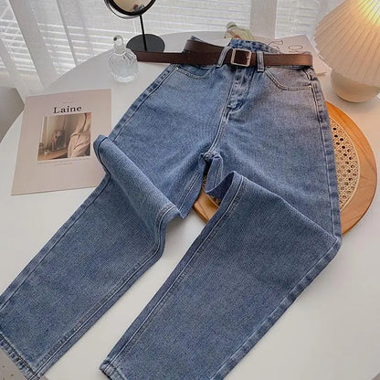 Straight Jeans Women with Belt Vintage Basic Blue Ankle-length Denim Pants Boyfriend Gray Jeans Korean 2021