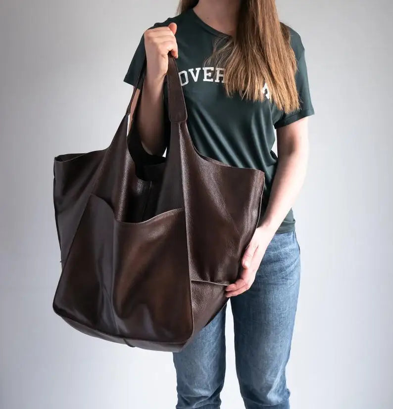 Casual Soft Large Capacity Tote Women Handbags Designer Aged Metal Look Luxury Pu Leather Shoulder Bag Retro Big Shopper Purses