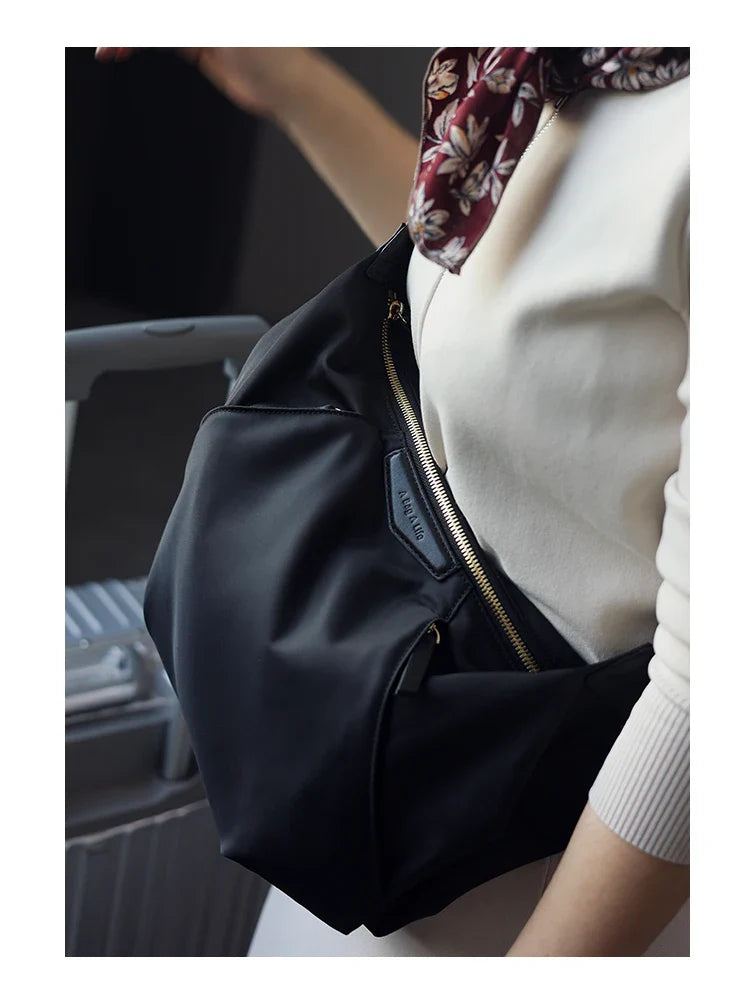 Lightweight Nylon Matching Genuine Leather Crossbody Bag High Quality Single Shoulder Bags Fashion Pleated Messenger Purses