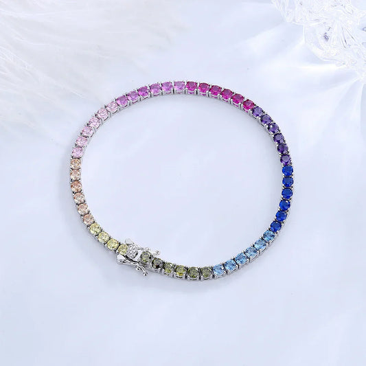 Bracelet de tennis en argent pur 14-21 cm, pavé 3 mm, zircons arc-en-ciel brillants, superbes bijoux en argent 925 véritable pour femmes