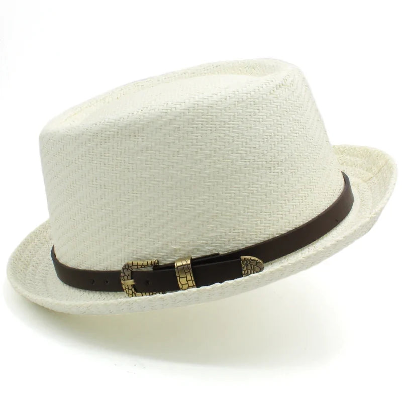 Men Women Classical Straw Pork Pie Hats Fedora Sunhats Trilby Caps Summer Boater Beach Outdoor Travel Party Size US 7 1/4 UK L