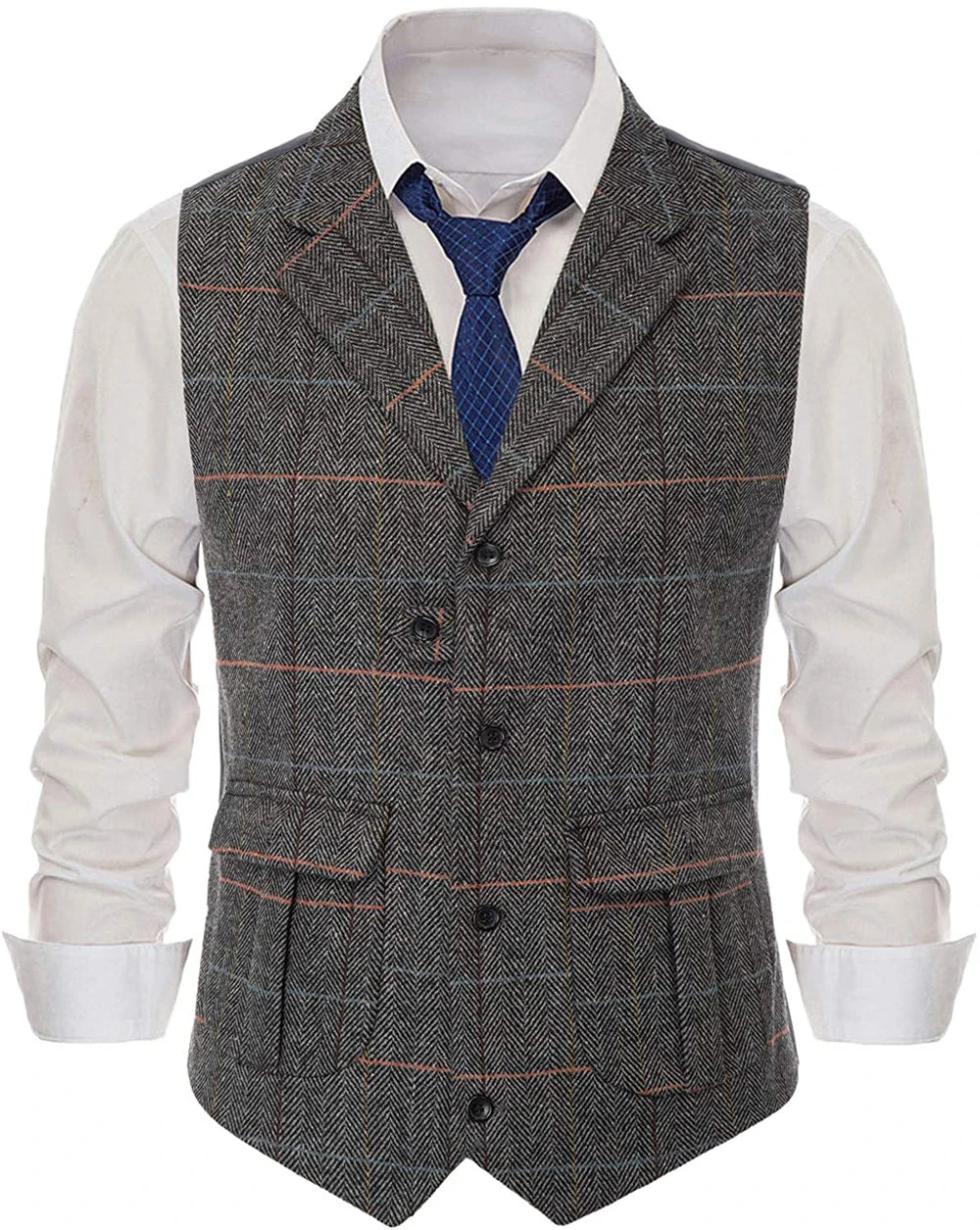 Men's Casual Suit Vest Notch Lapel with Two Pockets Herringbone Waistcoat for Wedding Groomsmen