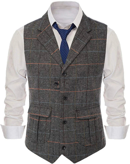 Men's Casual Suit Vest Notch Lapel with Two Pockets Herringbone Waistcoat for Wedding Groomsmen