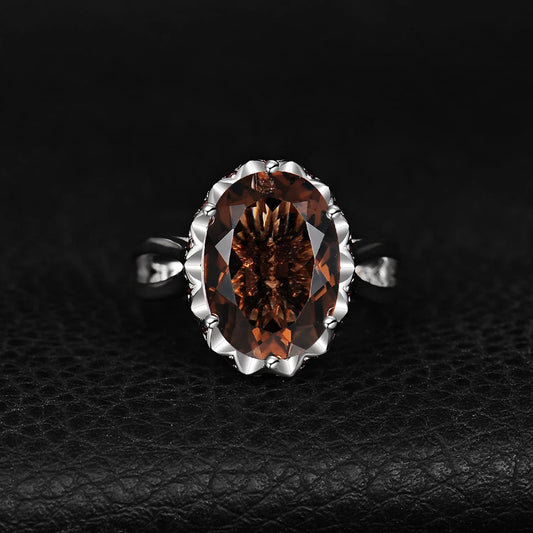 Large 5.7ct Genuine Oval Smoky Quartz 925 Sterling Silver Big Gemstone Cocktail Statement Rings for Women Jewelry