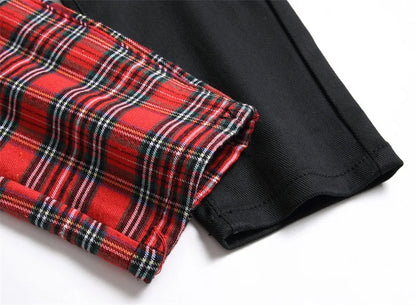 New Fashion Red Plaid Patchwork Punk Zipper Men Pencil Jeans Trousers Y2K Buckle Hip Hop Gothic Slim Denim Pants Pantaloni Uomo
