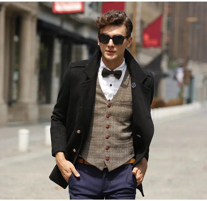 Men's Vintage Plaid Suit Vest Tweed Wool Waistcoat for Groomsmen for Wedding