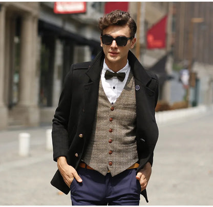 Men's Vintage Plaid Suit Vest Tweed Wool Waistcoat for Groomsmen for Wedding