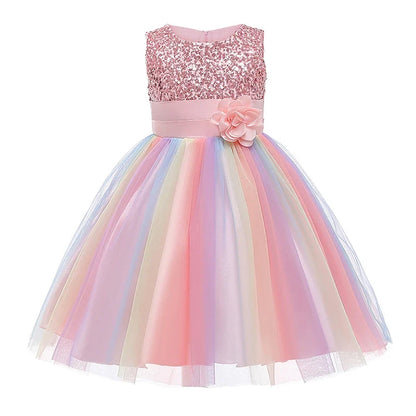 2026 Sequins Girls Dress Summer Flower Fashion Rainbow Mesh Little Princess Dresses For Piano Performance Costume Kids Clothes