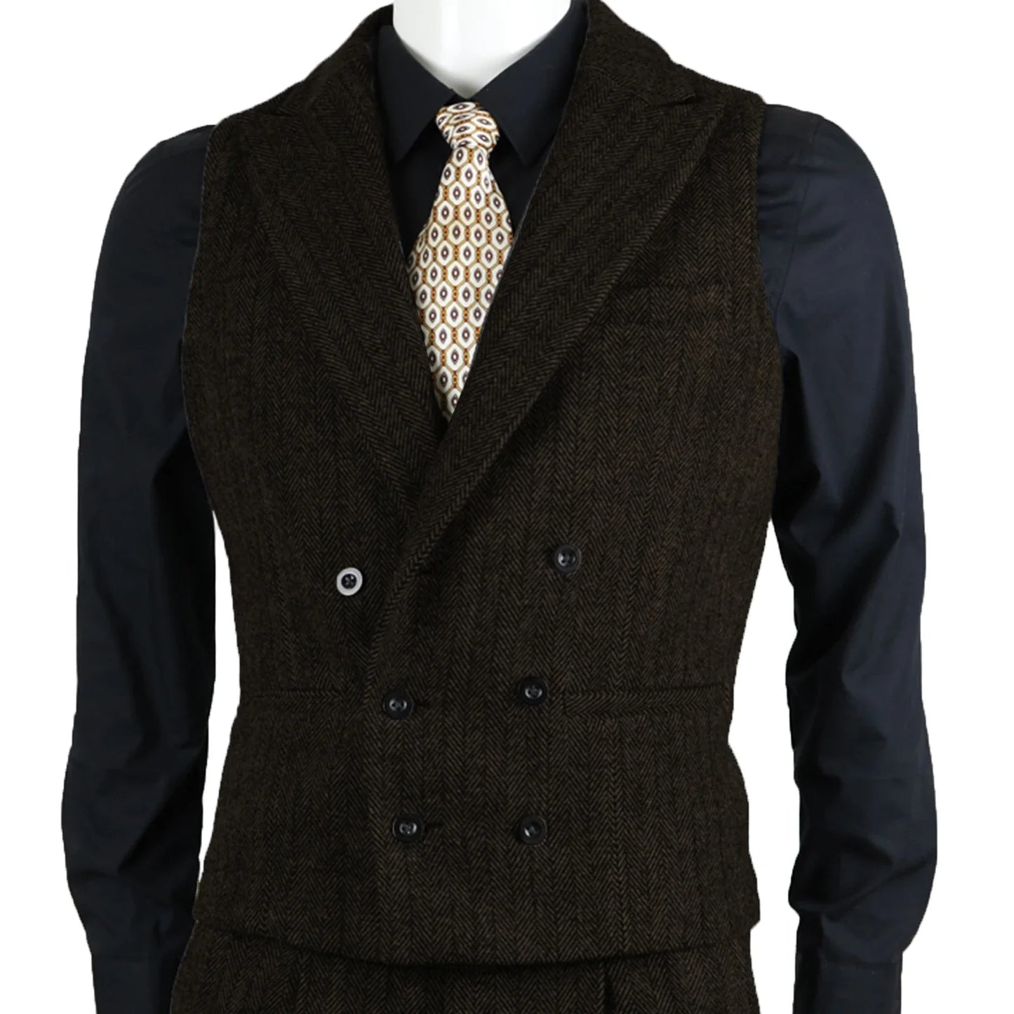 Men's Suit Vest Herringbone Tweed Slim Fit Waistcoat Double Breasted Sleeveless Jacket For Wedding