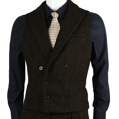 Men's Suit Vest Herringbone Tweed Slim Fit Waistcoat Double Breasted Sleeveless Jacket For Wedding