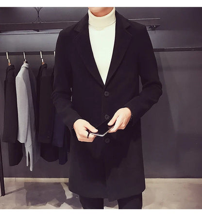 Men Long Cotton Coat 2025 Autumn Winter Wool Blend Pure Color Business Casual Slim Fit Windbreaker Jacket Fashion Men Clothing