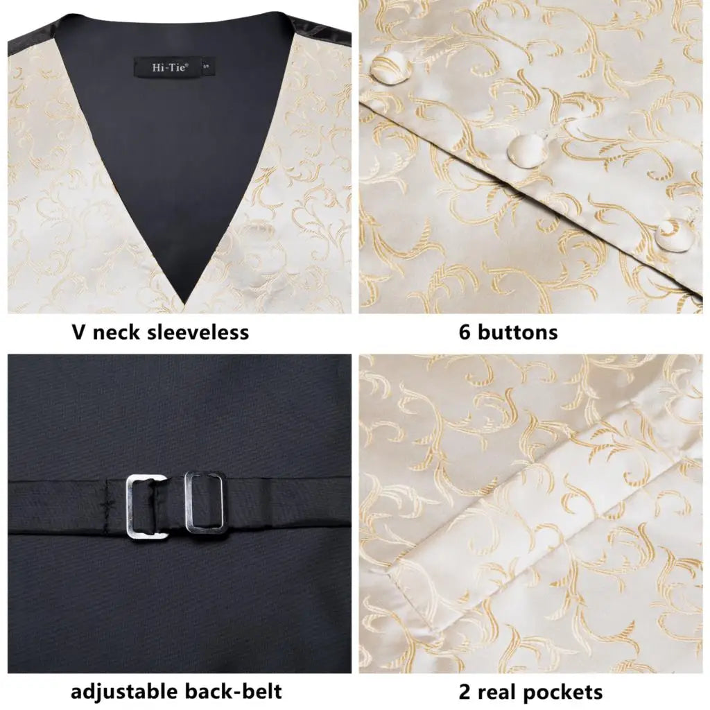 Fashion Silk Vest For Men Classic Gold Champane Yellow Waistcoat Jacket Tie Hankerchief Cufflinks Sets Dress Suit Wedding Hi-Tie