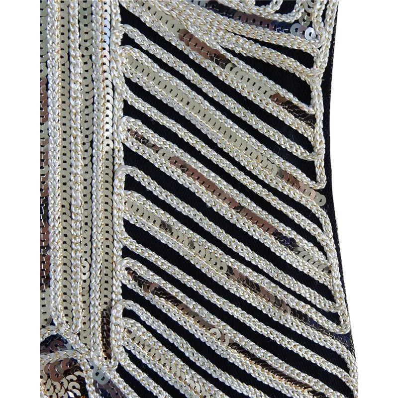 1920s Women's Sequin Triangle Hem Dress Sleeveless Gold Thread Embroidery Tassel Gatsby Party Dress