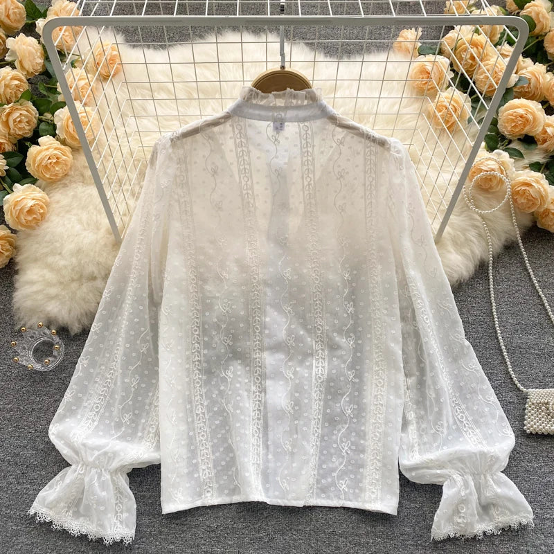 Elegant French Blouse Women Temperament Sweet Ruffles Loose Casual Tops Spring Long Sleeve Streetwear White Shirts