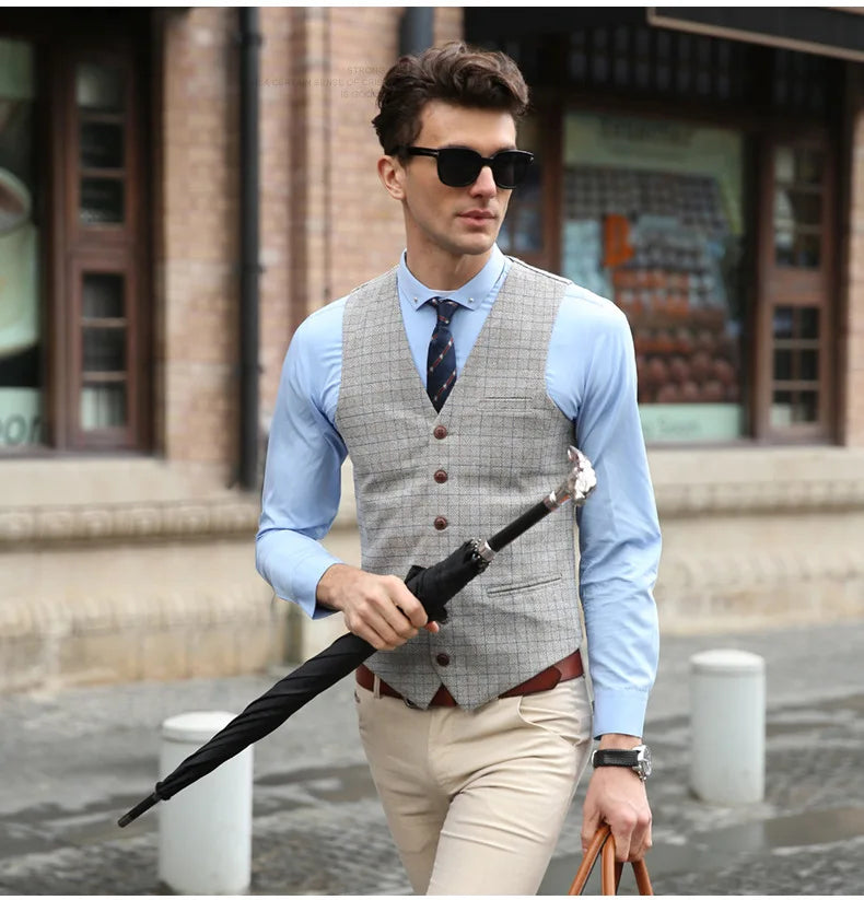Men's Vintage Plaid Suit Vest Tweed Wool Waistcoat for Groomsmen for Wedding