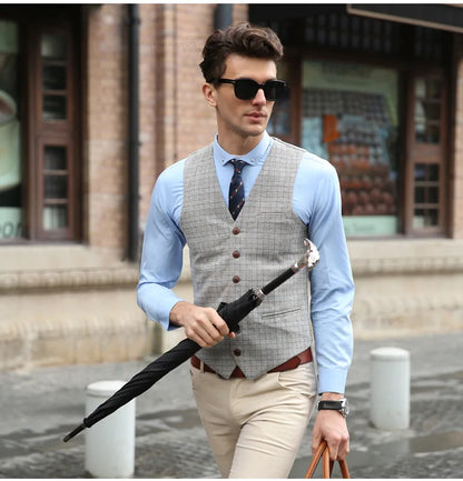 Men's Vintage Plaid Suit Vest Tweed Wool Waistcoat for Groomsmen for Wedding