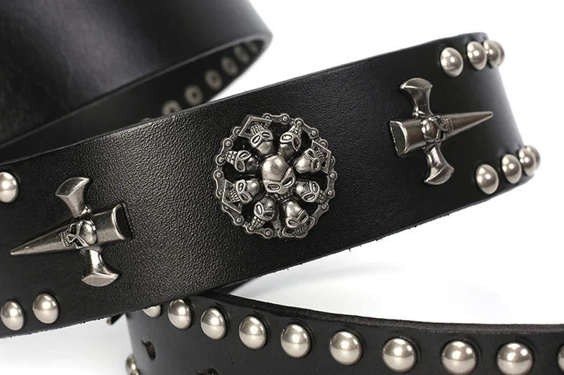 3.8CM Real Genuine Leather Vintage Metal Skull Punk Men Jeans Belt Stud Cowboy Strap Cinturon Ceinture Homme Riem Belts