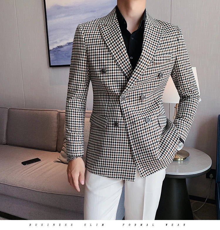 British Style Slim Fit Houndstooth Blazer For Men 2023 Fashion Double Breasted Business Office Wedding Dress Suit Jacket