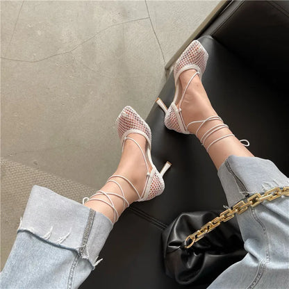 Fashion Hollow Breathable Mesh Square Toe Stiletto High Heels Women Pumps Ankle Lace-Up Elegant Dress Ladies Shoes